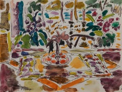 Retro 20th Centry Still Life with Fruit Bowl watercolor painting, Cleveland artist