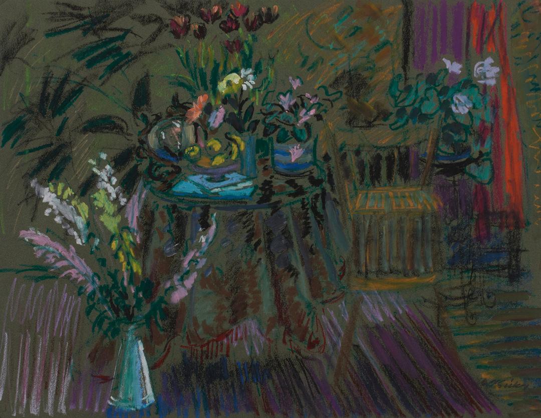 Joseph O'Sickey Still-Life Painting - 20th Century Interior Still Life with Chair and Flowers pastel & oil painting
