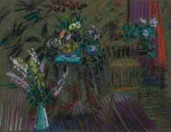Nature morte d'intérieur du 20e siècle avec chaise et fleurs pastel et peinture à l'huile