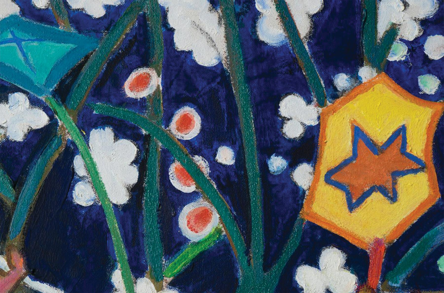 April, 1965 – Bunter Mann mit Kite (Blau), Interior Painting, von Joseph O'Sickey