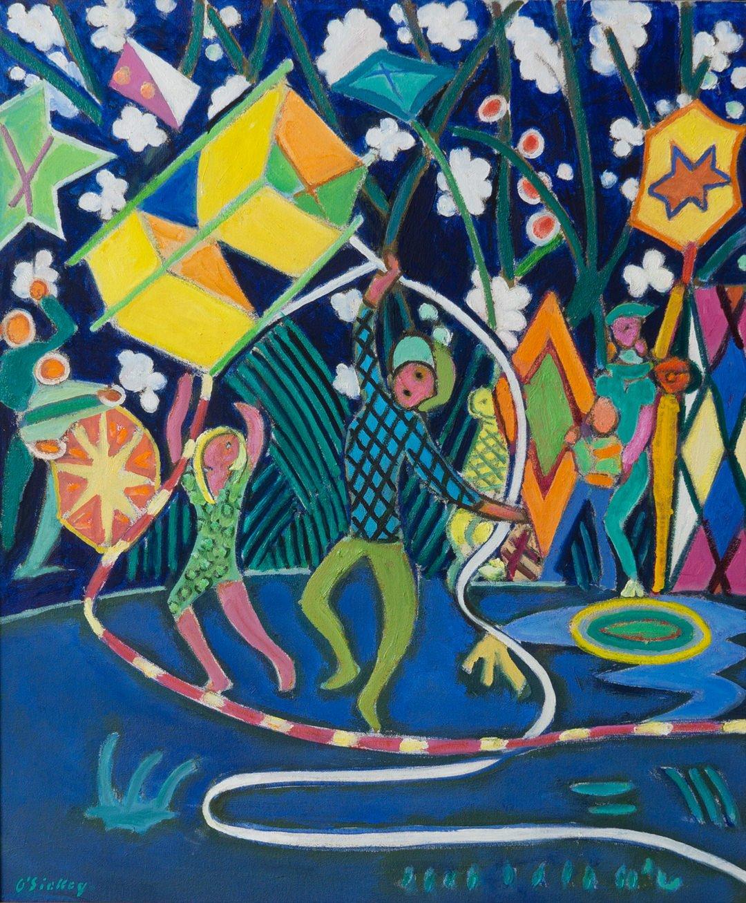 Joseph O'Sickey Interior Painting - April, 1965 - Colorful Man with Kite