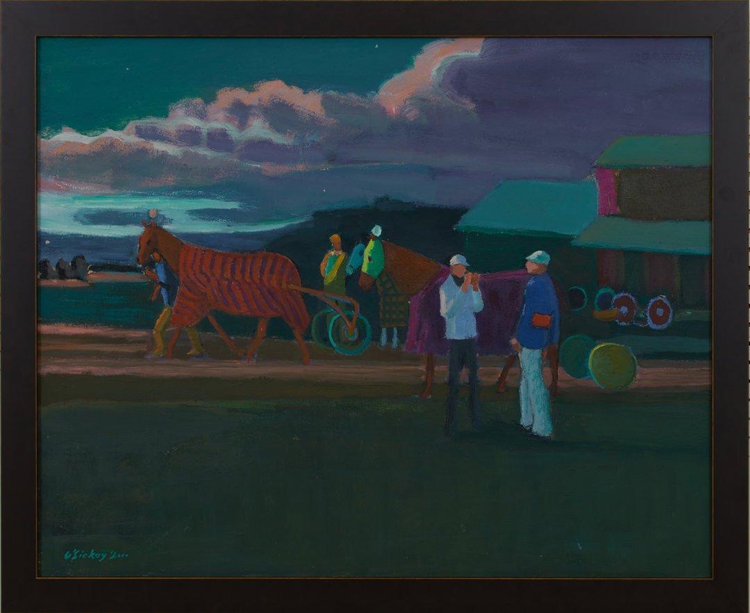 At the Stable, Landscape Scene with Horse and Jockey - Painting by Joseph O'Sickey