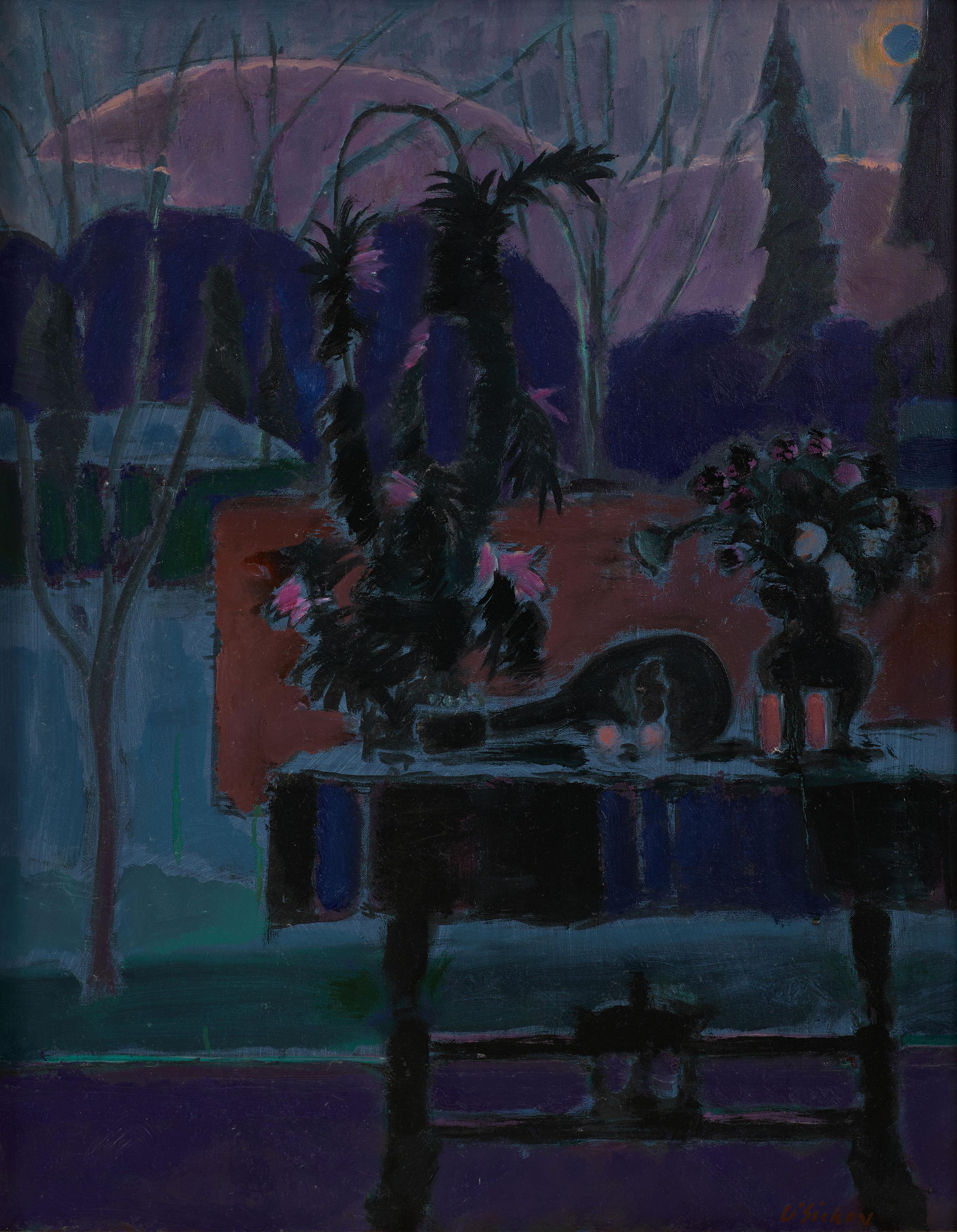 Joseph O'Sickey Still-Life Painting – Abendstillleben, Dunkle Landschaft des 20. Jahrhunderts, Postimpressionismus