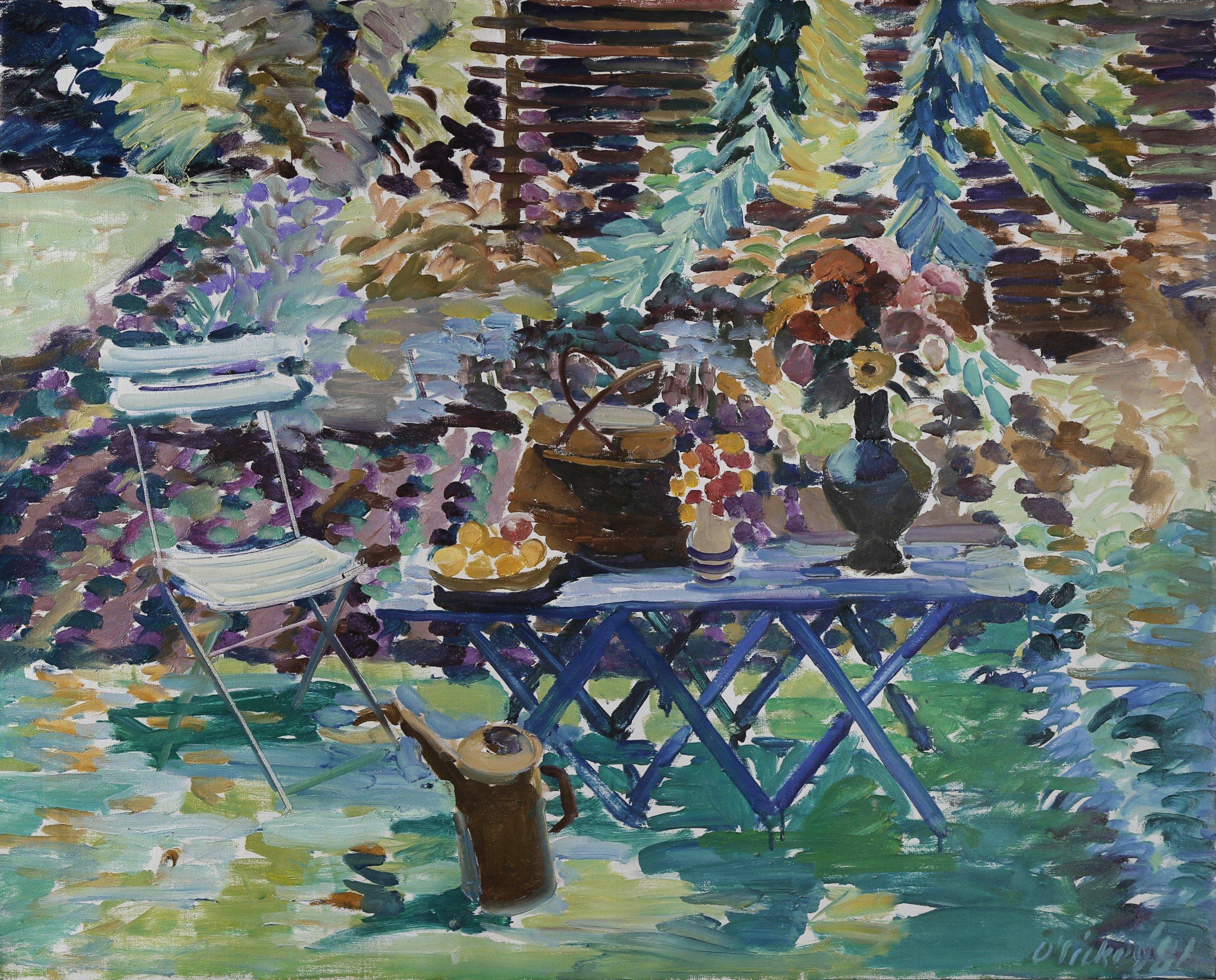 Joseph O'Sickey Figurative Painting - Garden Still-Life, large colorful 20th century post-impressionist painting