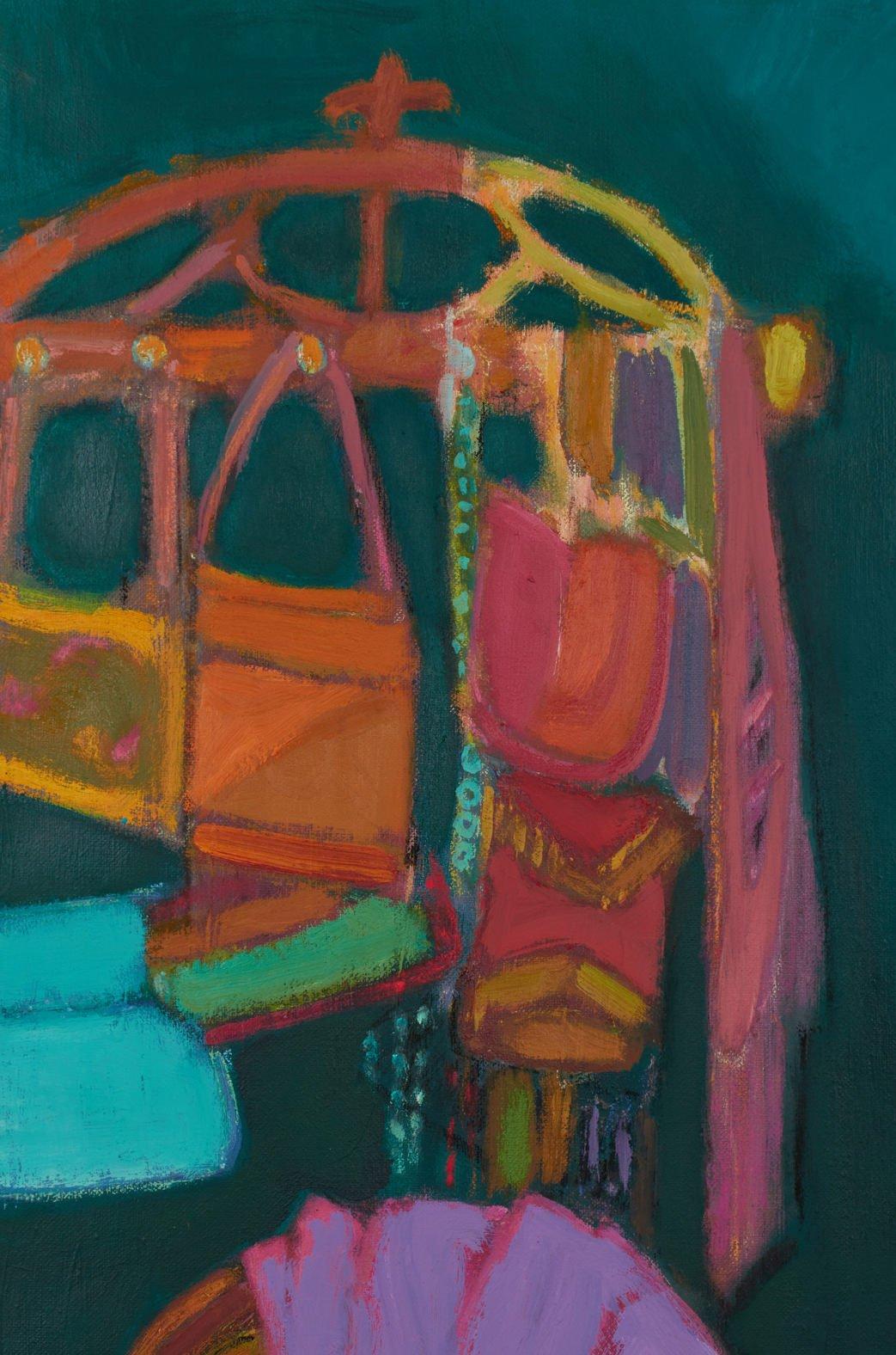 Cappelli, Vibrante scena di vita morta del 21° secolo in turchese, rosa e viola - Interior Painting Nero di Joseph O'Sickey