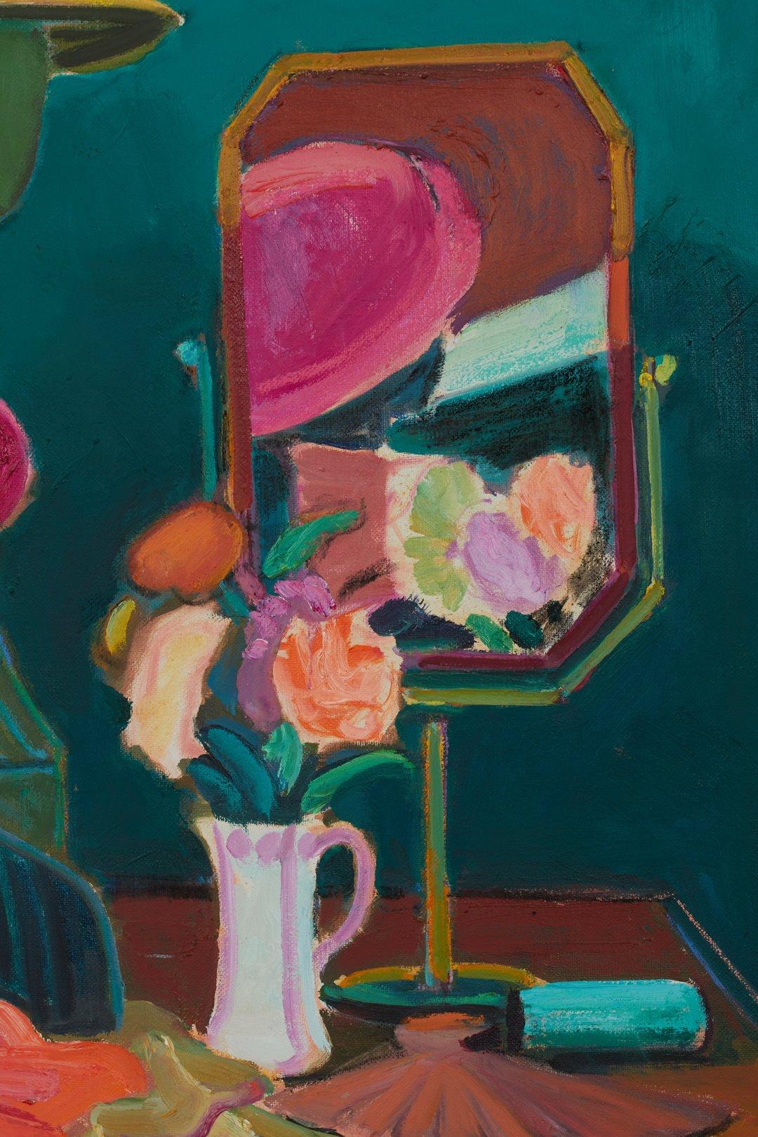 Hats, Vibrant 21st century turquoise, pink, purple still life interior scene - Post-Impressionist Painting by Joseph O'Sickey