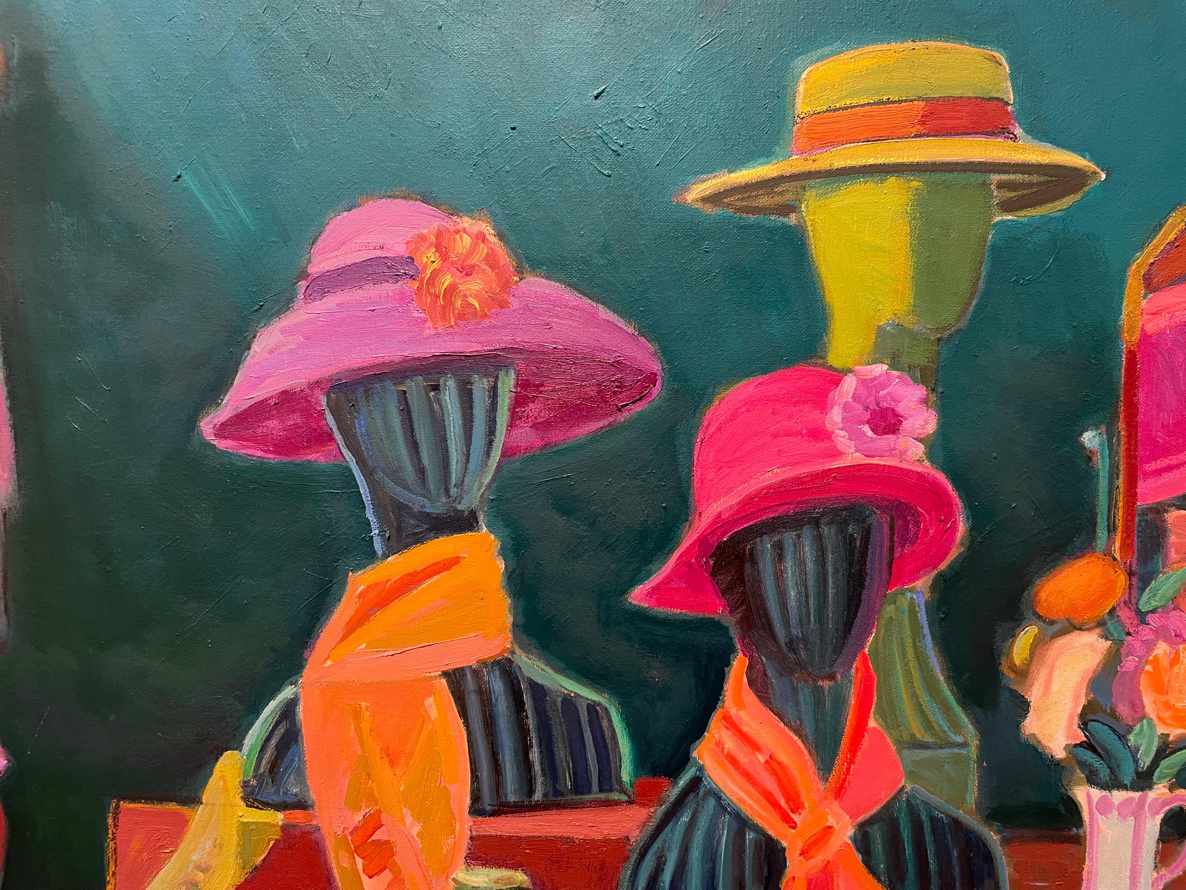 Cappelli, Vibrante scena di vita morta del 21° secolo in turchese, rosa e viola in vendita 4