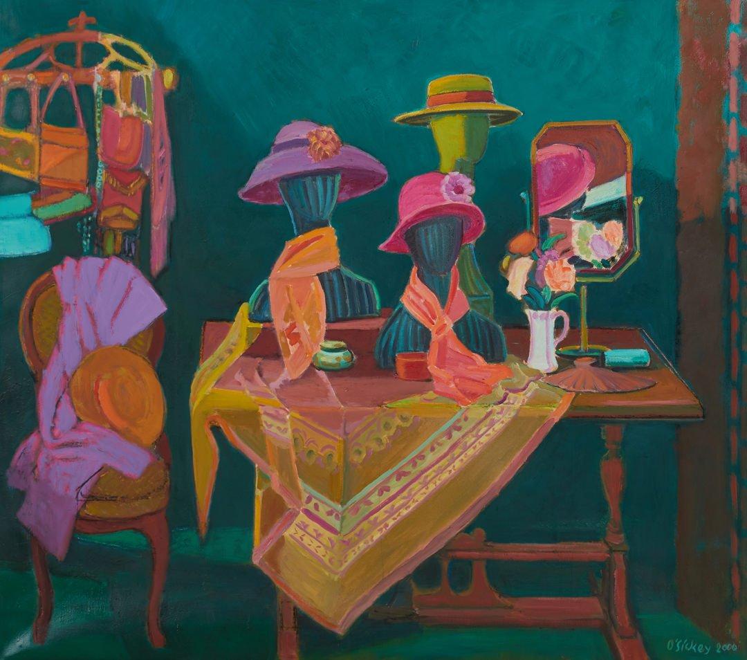 Joseph O'Sickey Interior Painting - Hats, Vibrant 21st century turquoise, pink, purple still life interior scene