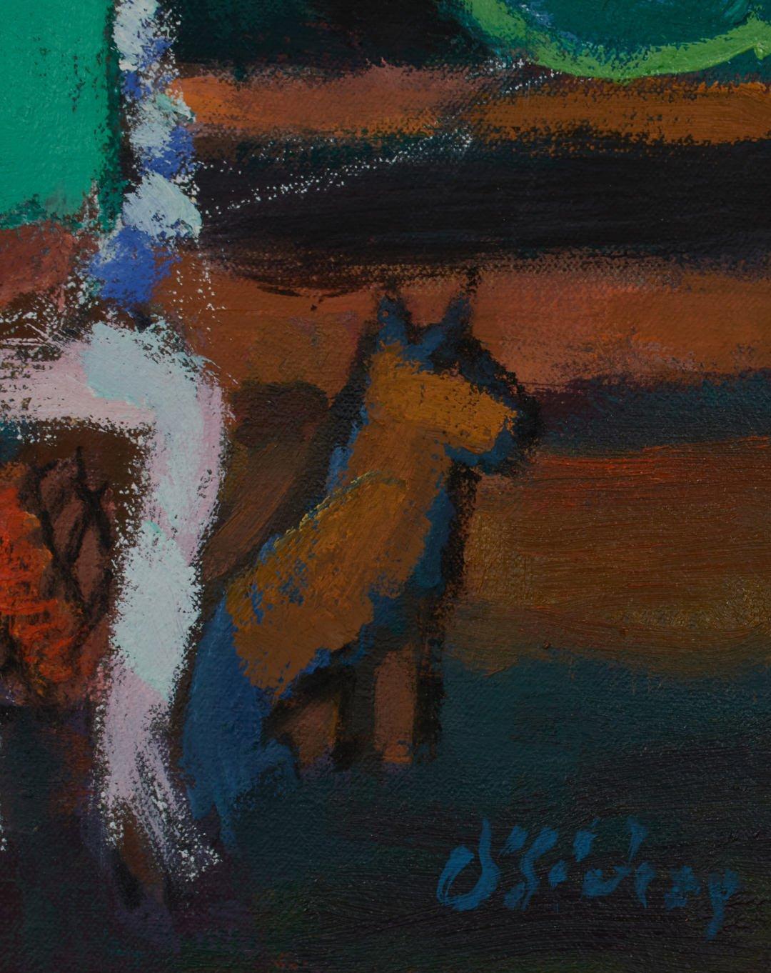 Horse and Sulky, Stable and Jockey Scene - Black Animal Painting by Joseph O'Sickey