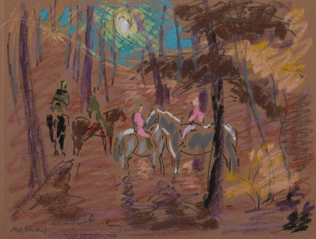 Joseph O'Sickey Animal Painting - Horseback Riders in Sunny Landscape, 20th Century, Cleveland Artist
