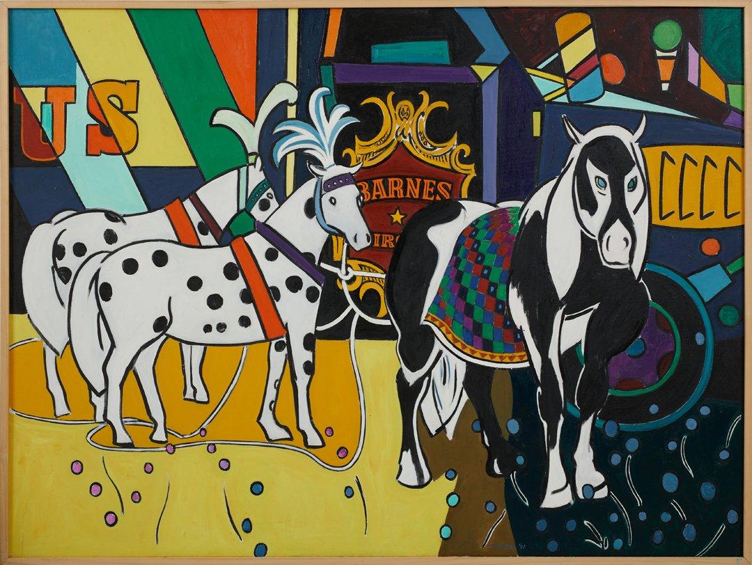 Horses Prepared to Perform and Circus Truck, Contemporary American Modern - Painting by Joseph O'Sickey