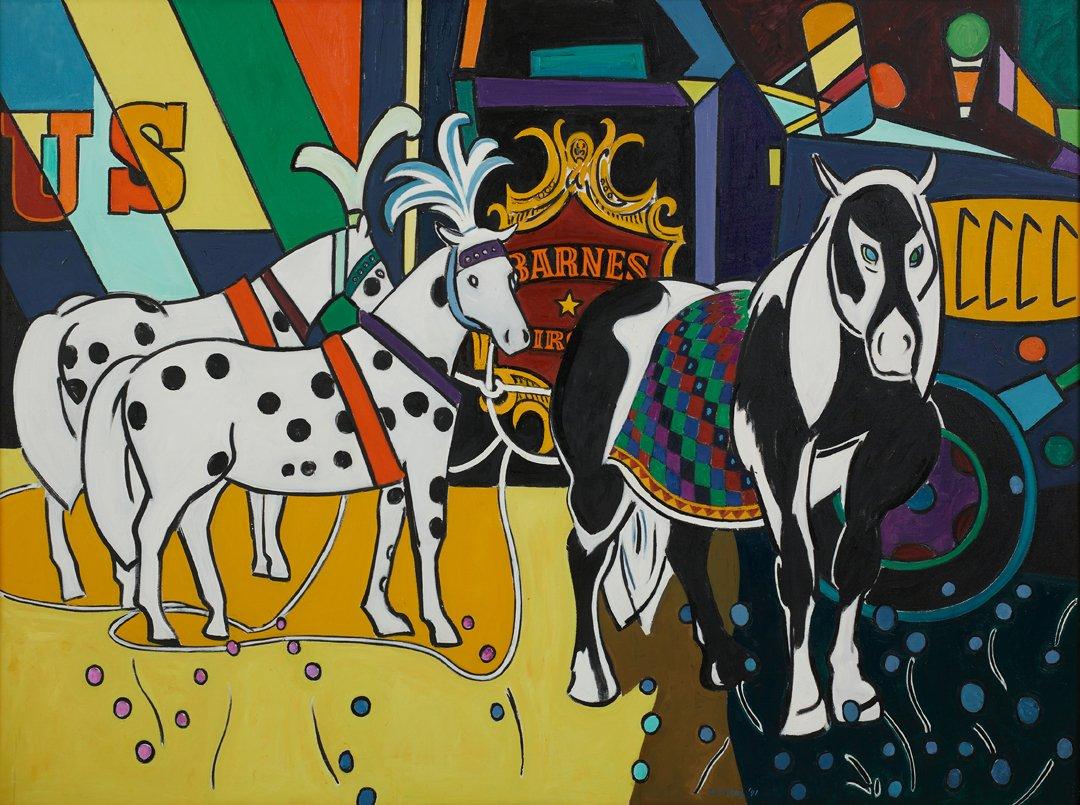 Joseph O'Sickey Animal Painting - Horses Prepared to Perform and Circus Truck, Contemporary American Modern