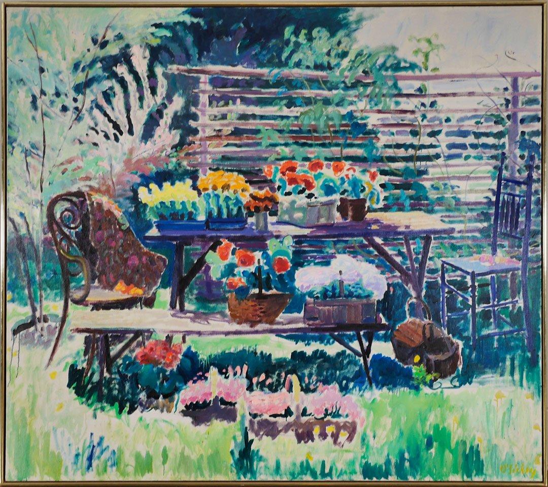 Grande nature morte de jardin en arrière-plan coloré - Painting de Joseph O'Sickey
