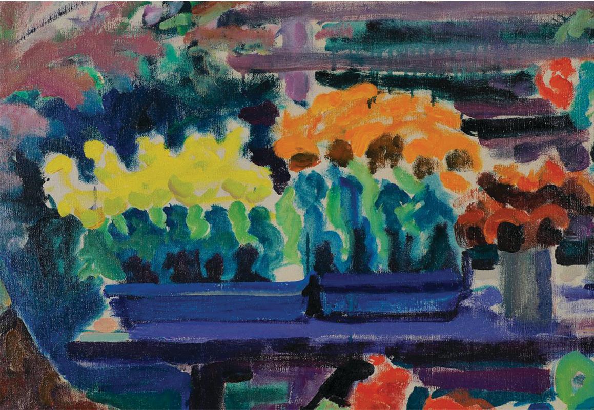Large Colorful Backyard Landscape Still Life - Post-Impressionist Painting by Joseph O'Sickey