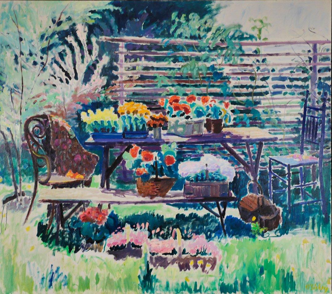 Joseph O'Sickey Still-Life Painting - Large Colorful Backyard Landscape Still Life