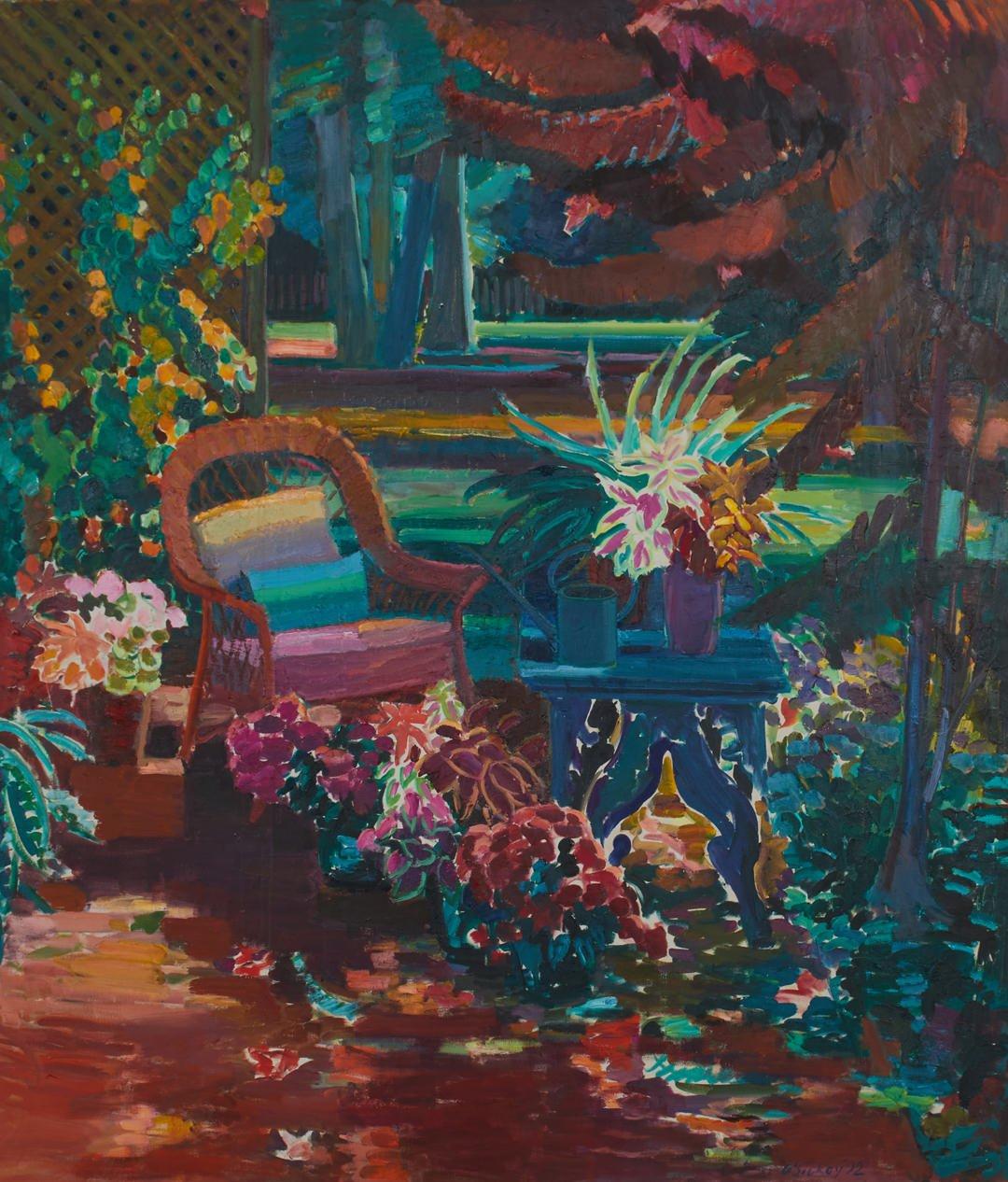 Joseph O'Sickey Still-Life Painting - October Terrace, Colorful Landscape Still Life with Trees, Flowers