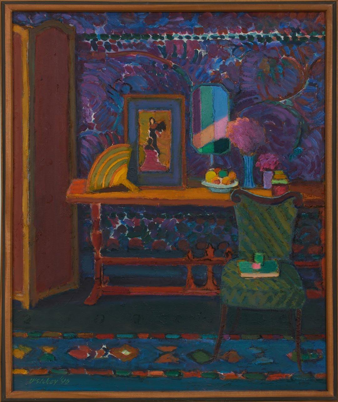 Interieur-Stillleben mit grünem Stuhl, 1996 – Postimpressionistischer Künstler aus Ohio – Painting von Joseph O'Sickey
