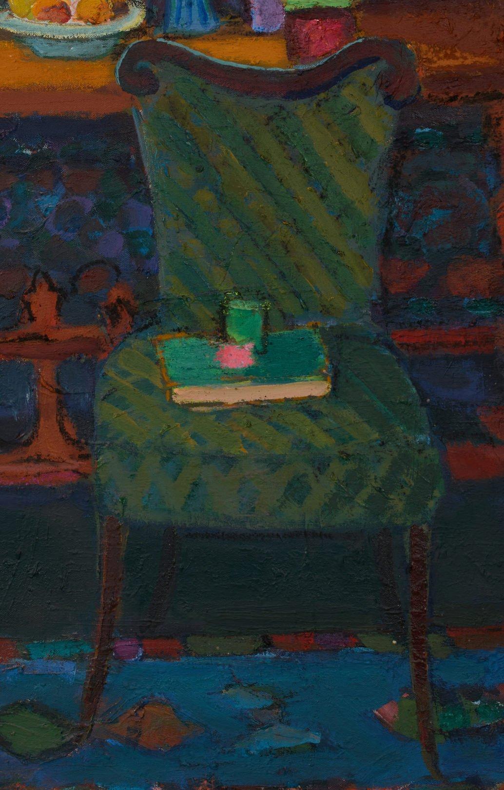 Interieur-Stillleben mit grünem Stuhl, 1996 – Postimpressionistischer Künstler aus Ohio (Schwarz), Still-Life Painting, von Joseph O'Sickey
