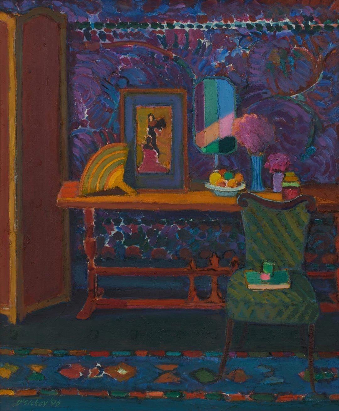 Still-Life Painting Joseph O'Sickey - Nature morte intérieure avec chaise verte, 1996, artiste post-impressionniste de l'Ohio