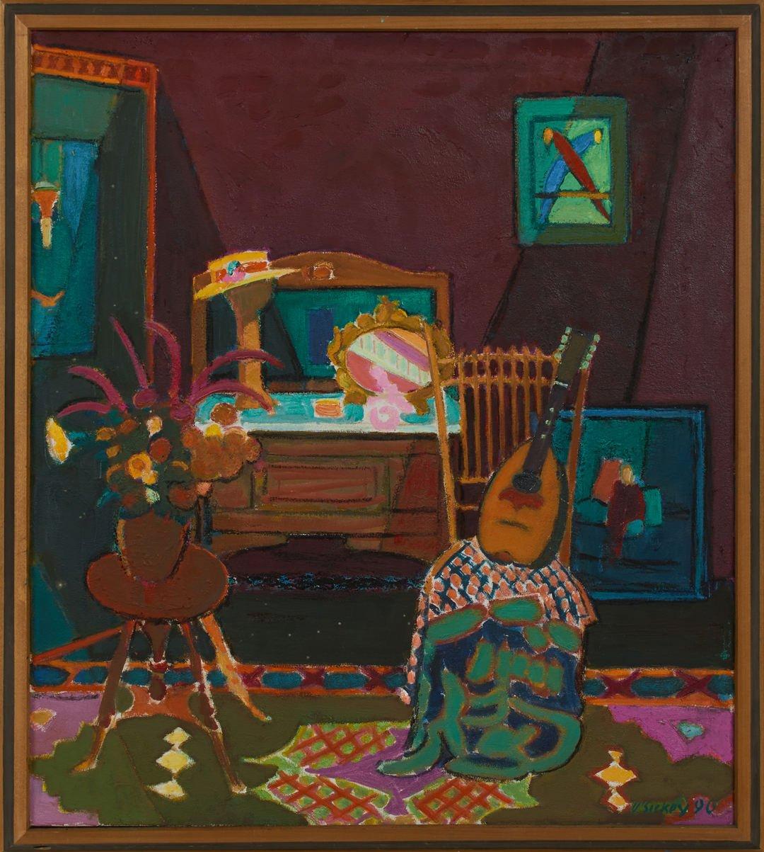 Still Life Interior with Indian Cloths and Mandolin, 1990 - Painting by Joseph O'Sickey