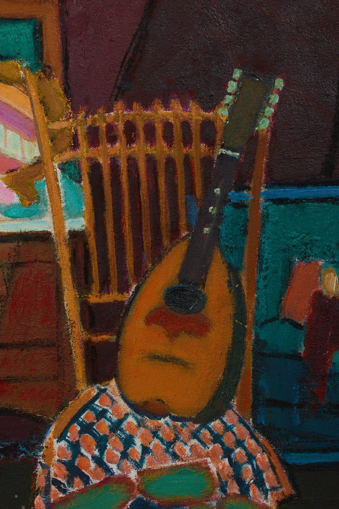 Still Life Interior with Indian Cloths and Mandolin, 1990 - Post-Impressionist Painting by Joseph O'Sickey