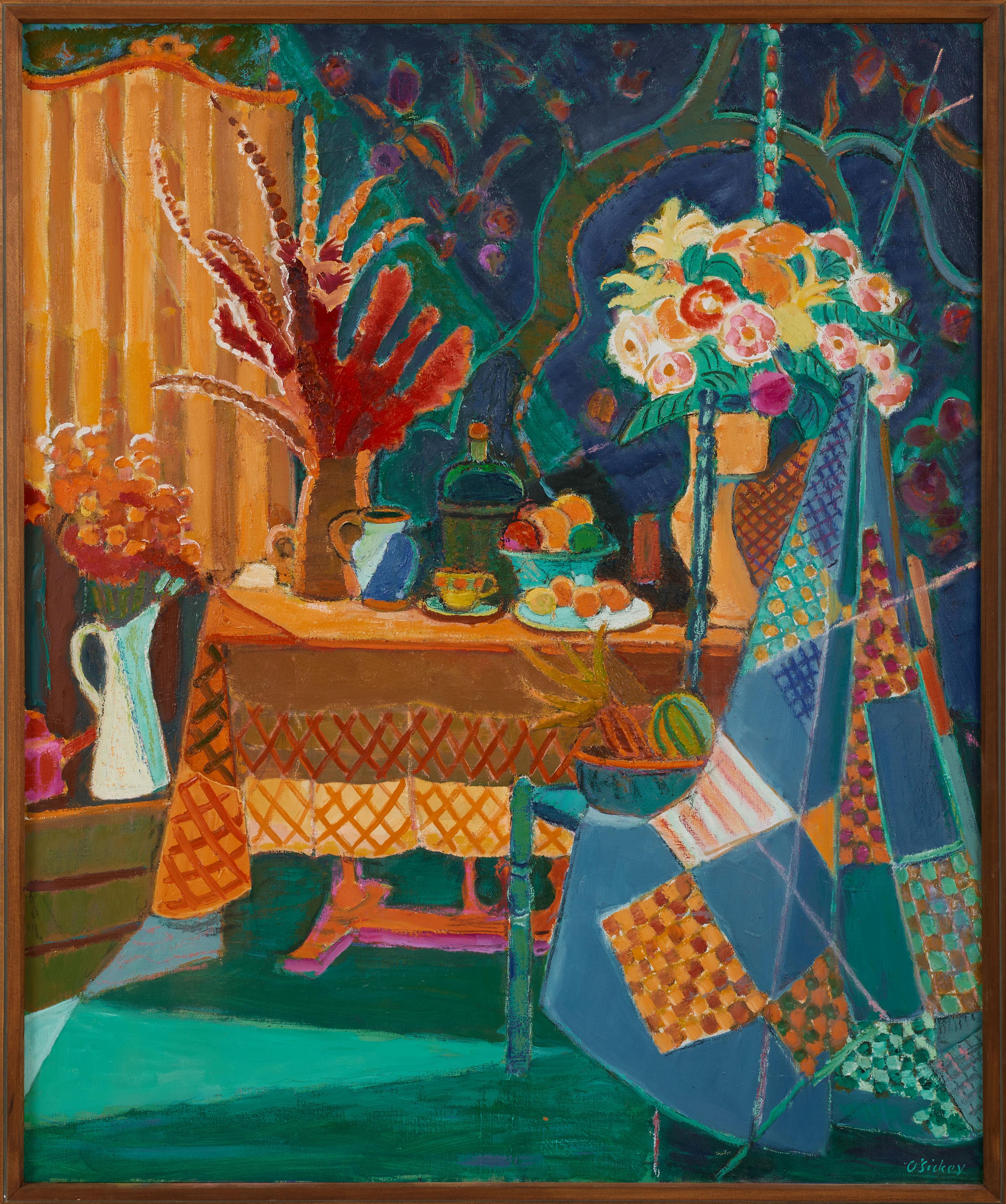 Still Life with Fruit & Patterned Blanket, Exterior Landscape and Table scene - Painting by Joseph O'Sickey