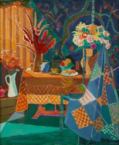Still Life with Fruit & Patterned Blanket, Exterior Landscape and Table scene