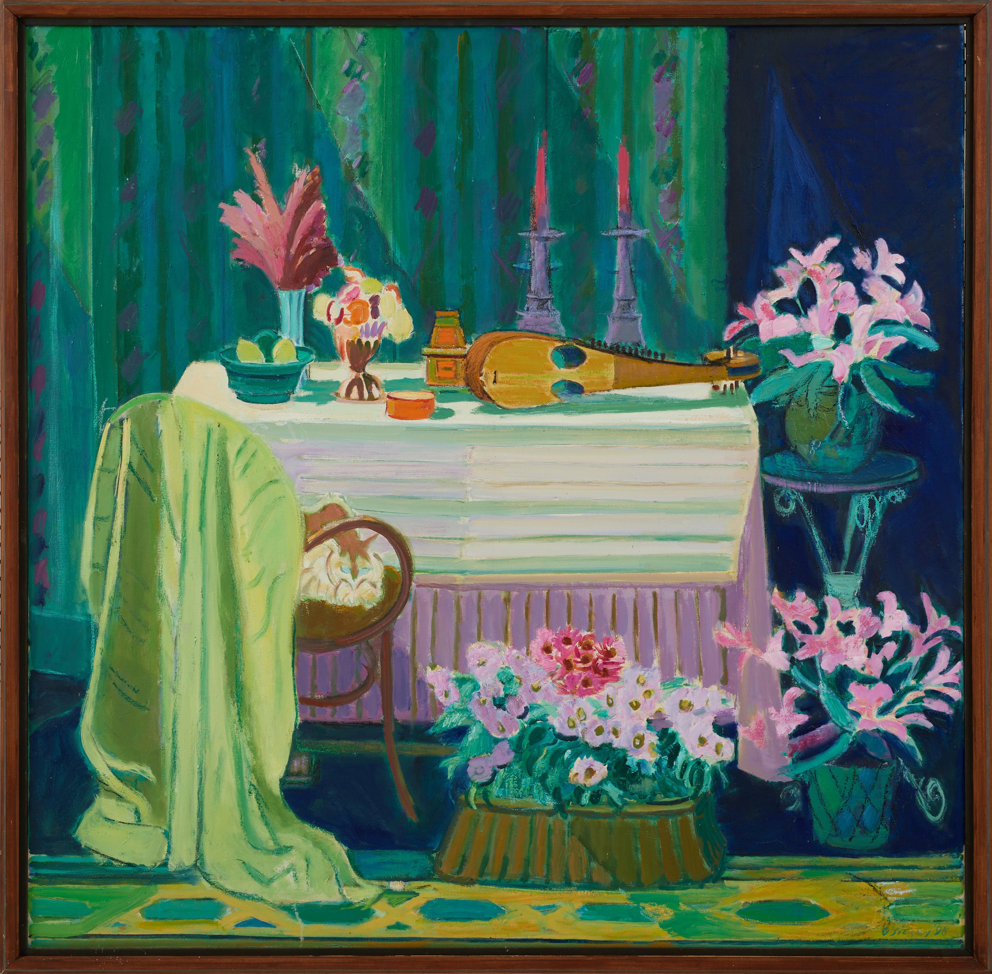Still Life with Oriental Instrument and Cat, Vibrant 20th Century Interior scene - Painting by Joseph O'Sickey