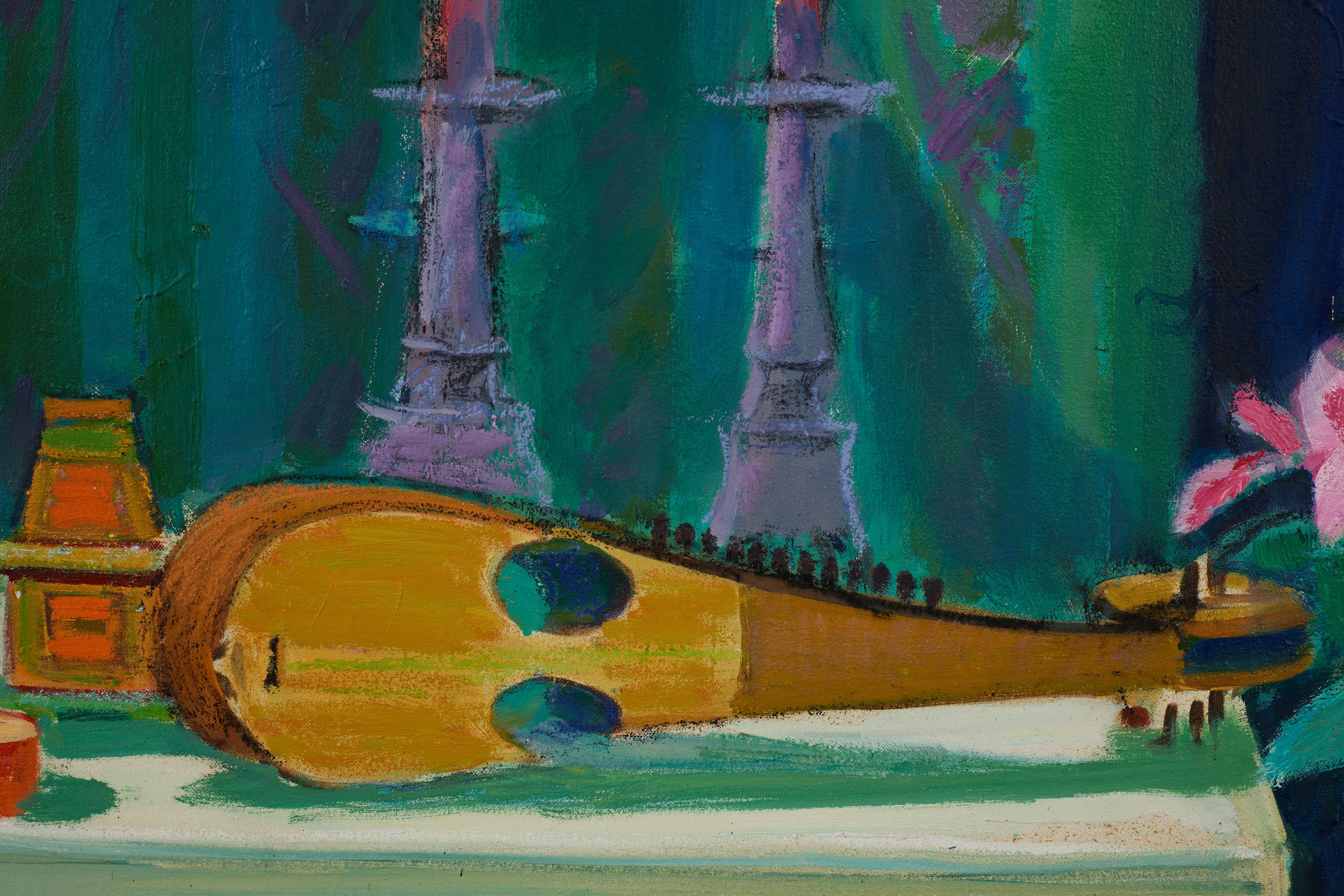 Nature morte avec instrument oriental et chat, scène d'intérieur vibrante du 20e siècle - Post-impressionnisme Painting par Joseph O'Sickey