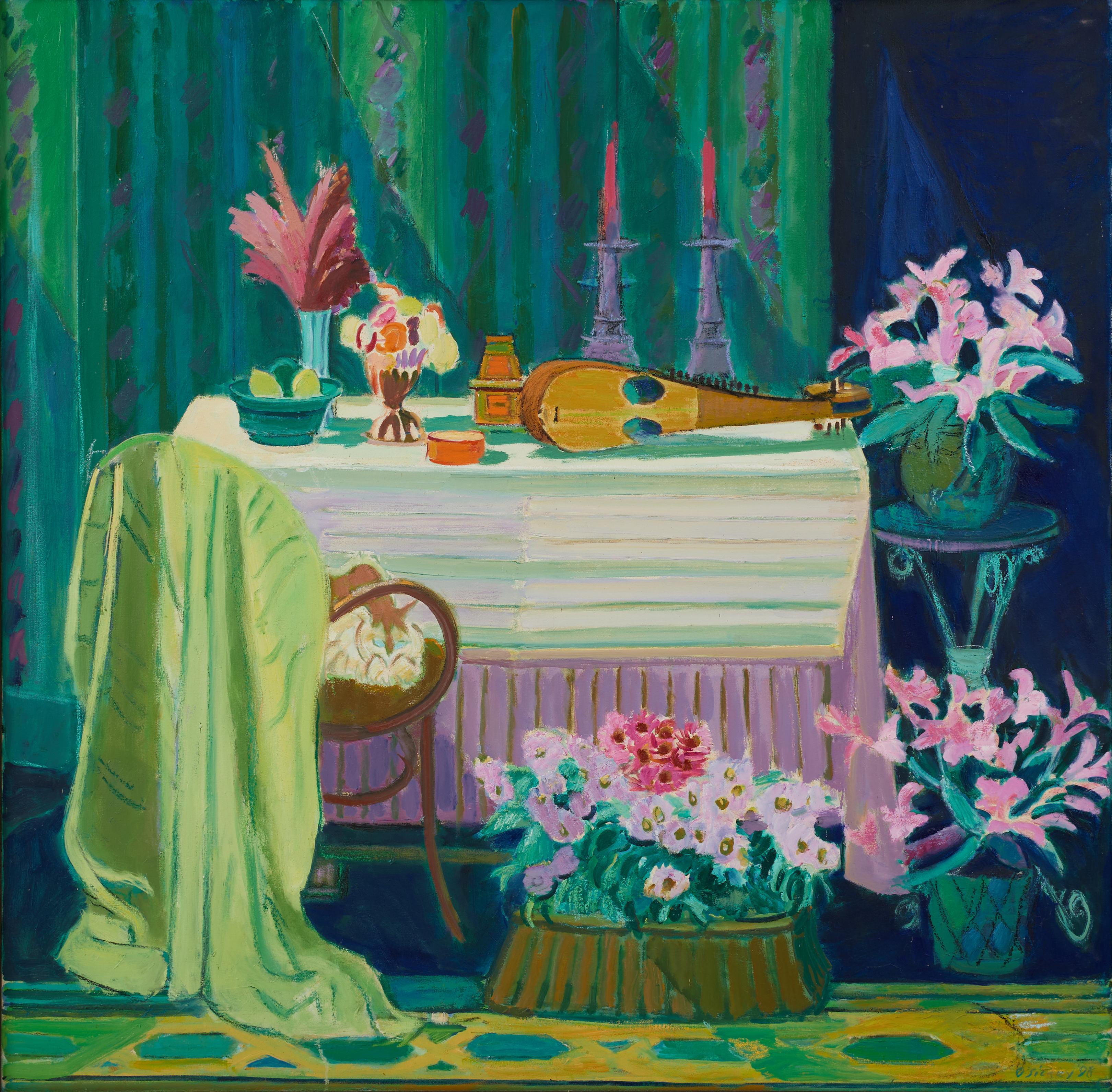 Joseph O'Sickey Still-Life Painting - Still Life with Oriental Instrument and Cat, Vibrant 20th Century Interior scene