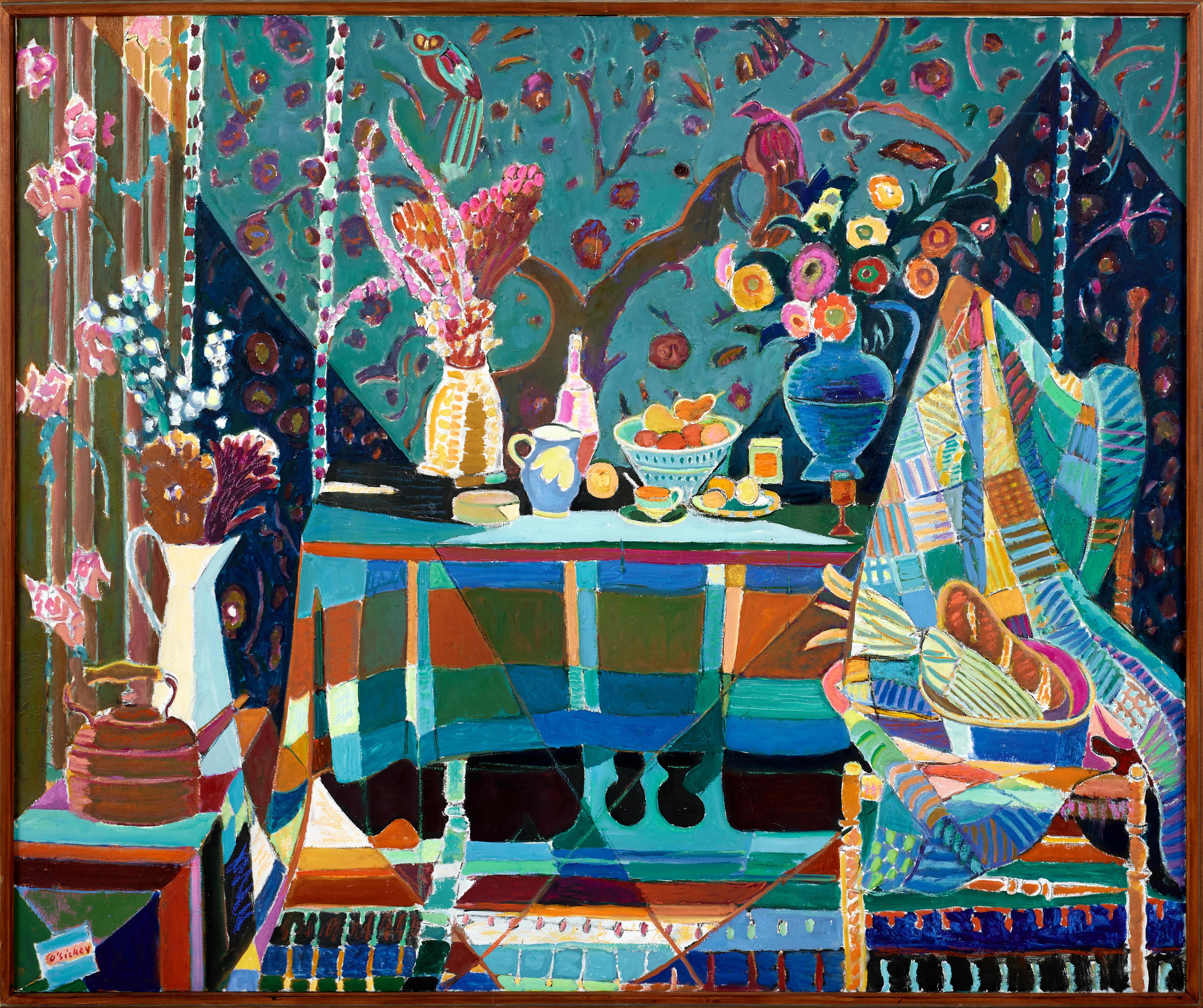 Nature morte avec table et hibou et hibou, paysage extérieur et intérieur de table bleu - Painting de Joseph O'Sickey