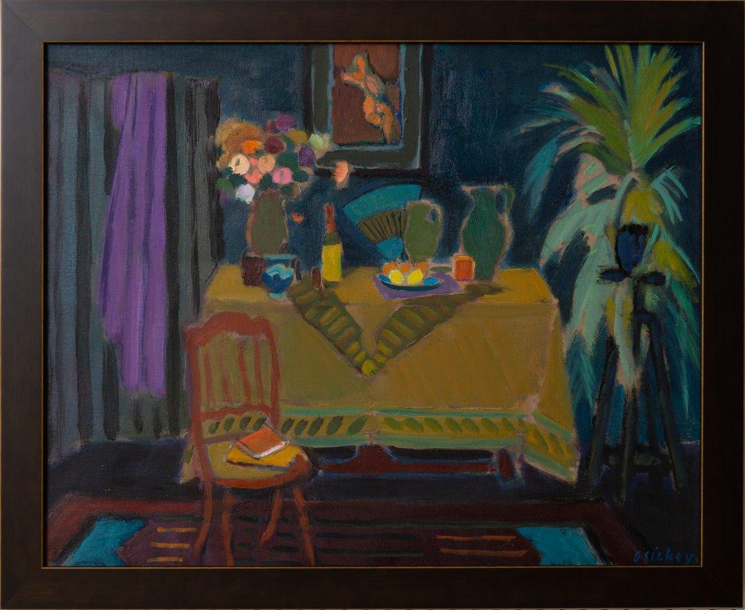 Still Life with Wine Bottle, Interior scene of tablescape - Painting by Joseph O'Sickey