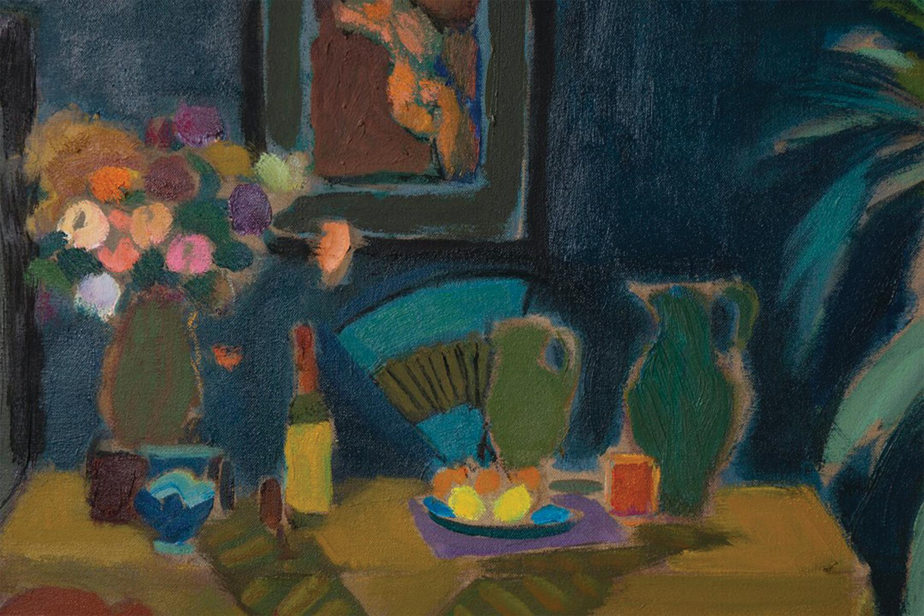 Still Life with Wine Bottle, Interior scene of tablescape - Black Still-Life Painting by Joseph O'Sickey