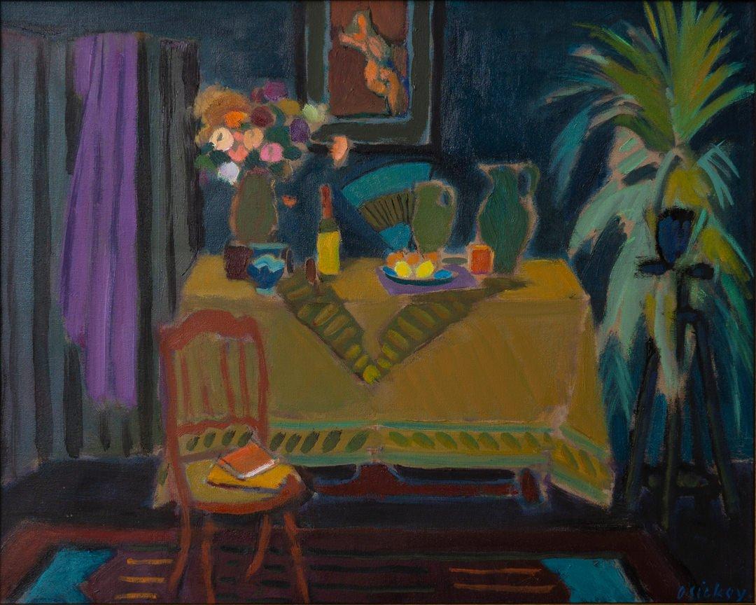 Joseph O'Sickey Still-Life Painting - Still Life with Wine Bottle, Interior scene of tablescape