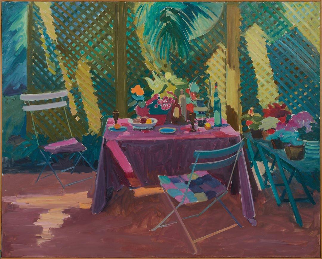 Terrace in Schirm, Sommer-Garten-Stillleben-Szene – Painting von Joseph O'Sickey