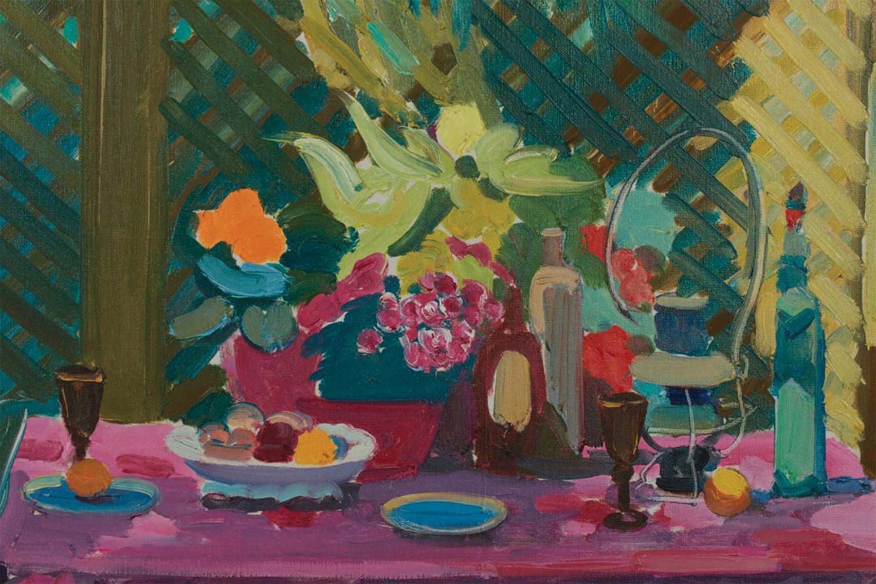 Terrace in Shade, Scène de nature morte de jardin d'été - Post-impressionnisme Painting par Joseph O'Sickey