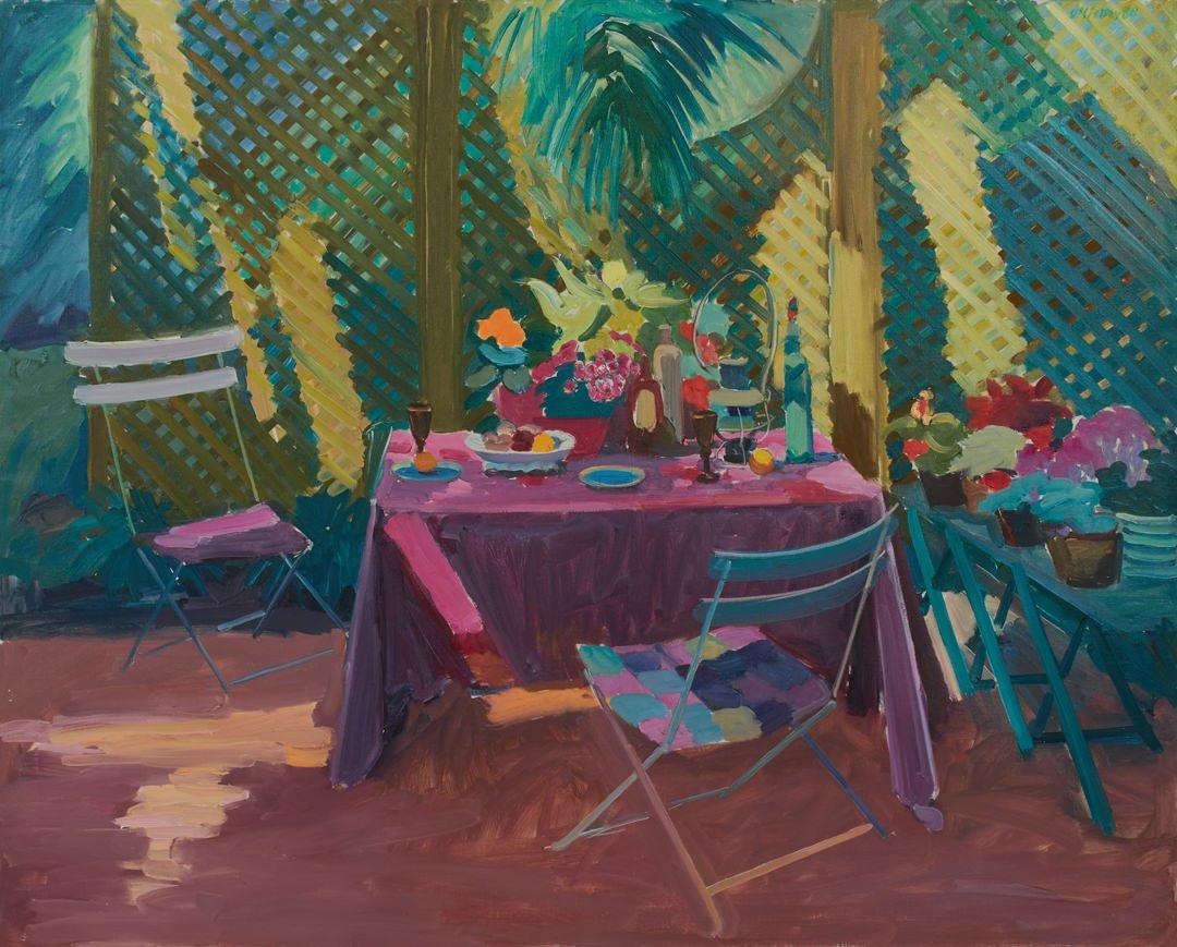 Joseph O'Sickey Landscape Painting - Terrace in Shade, Summer Garden Still Life Scene