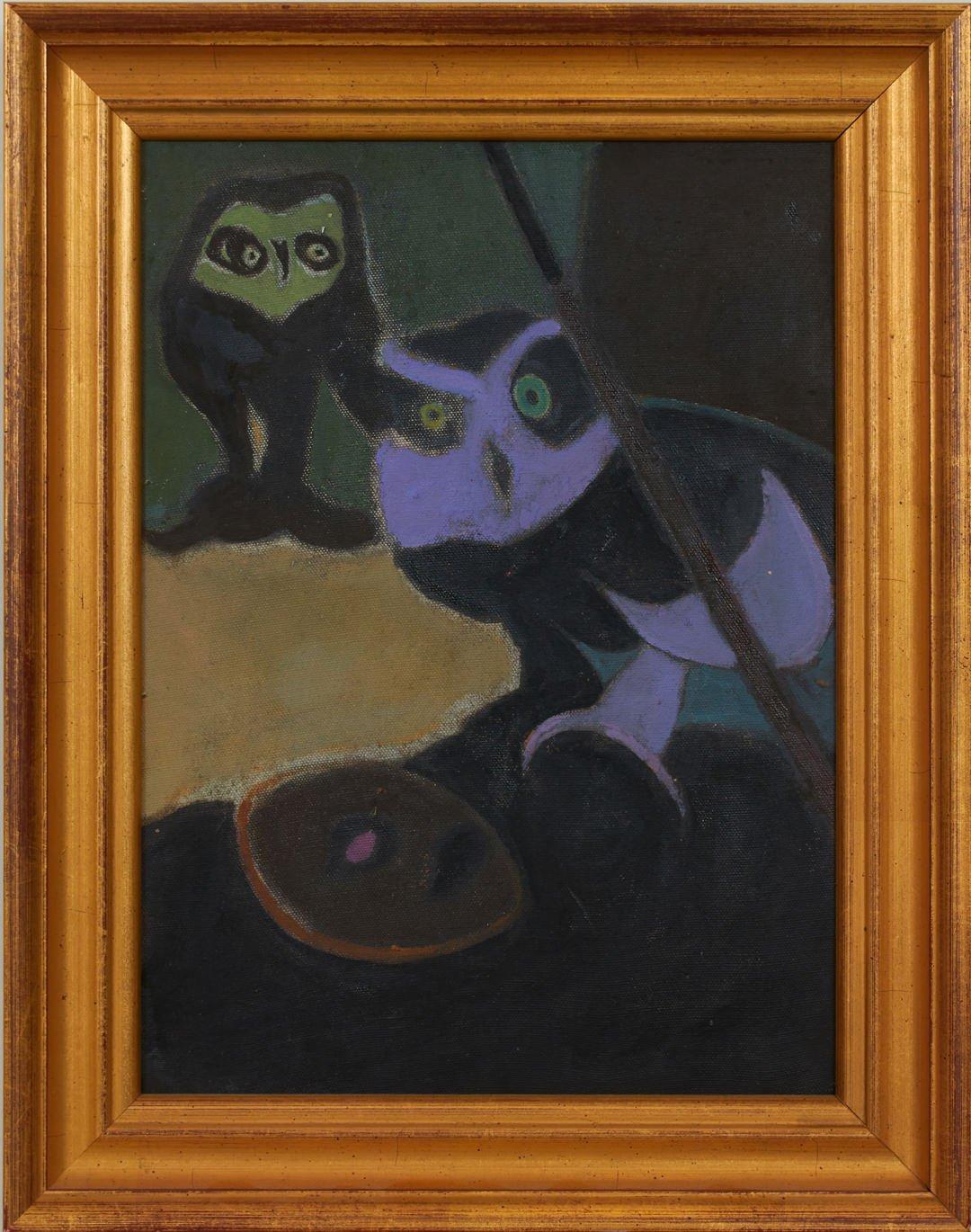 Two Owls, 20th Century Purple & Green Owls - Painting by Joseph O'Sickey