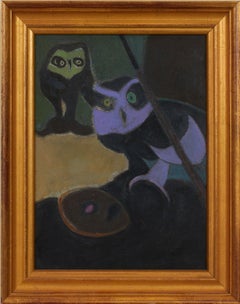 Two Owls, 20th Century Purple & Green Owls
