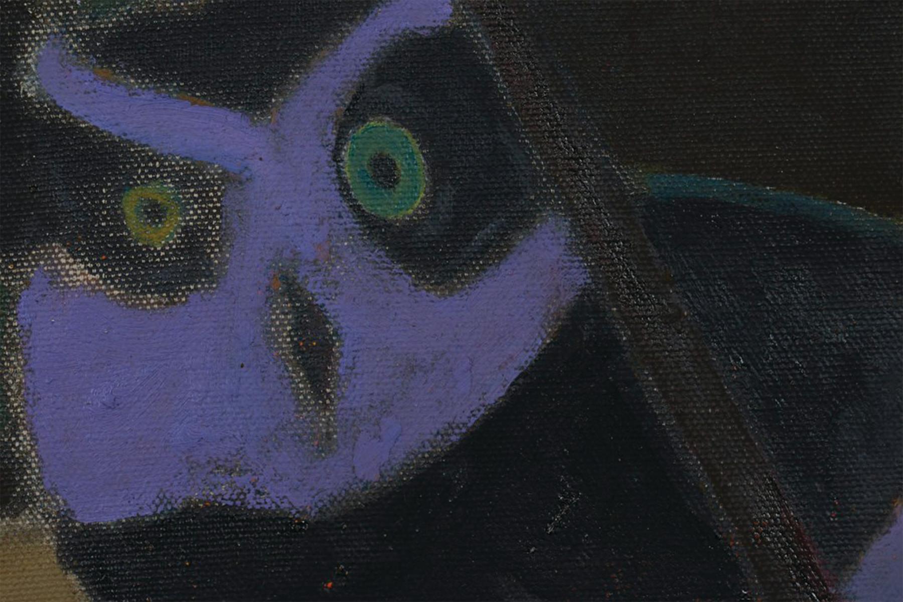 Two Owls, 20th Century Purple & Green Owls - Post-Impressionist Painting by Joseph O'Sickey