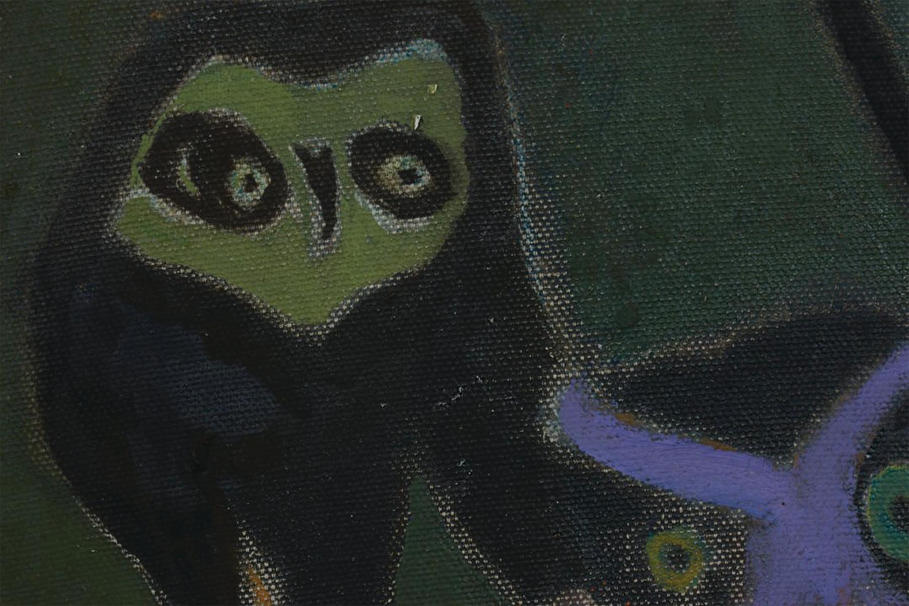 Two Owls, 20th Century Purple & Green Owls - Black Animal Painting by Joseph O'Sickey