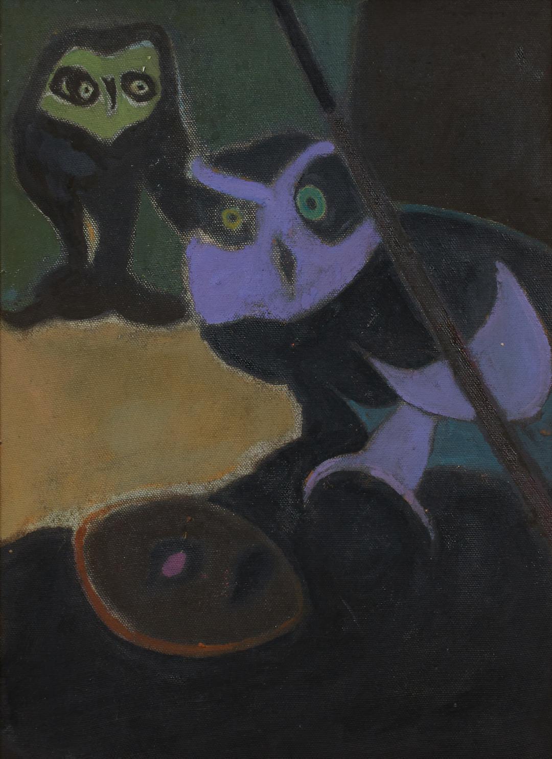 Joseph O'Sickey Animal Painting - Two Owls, 20th Century Purple & Green Owls