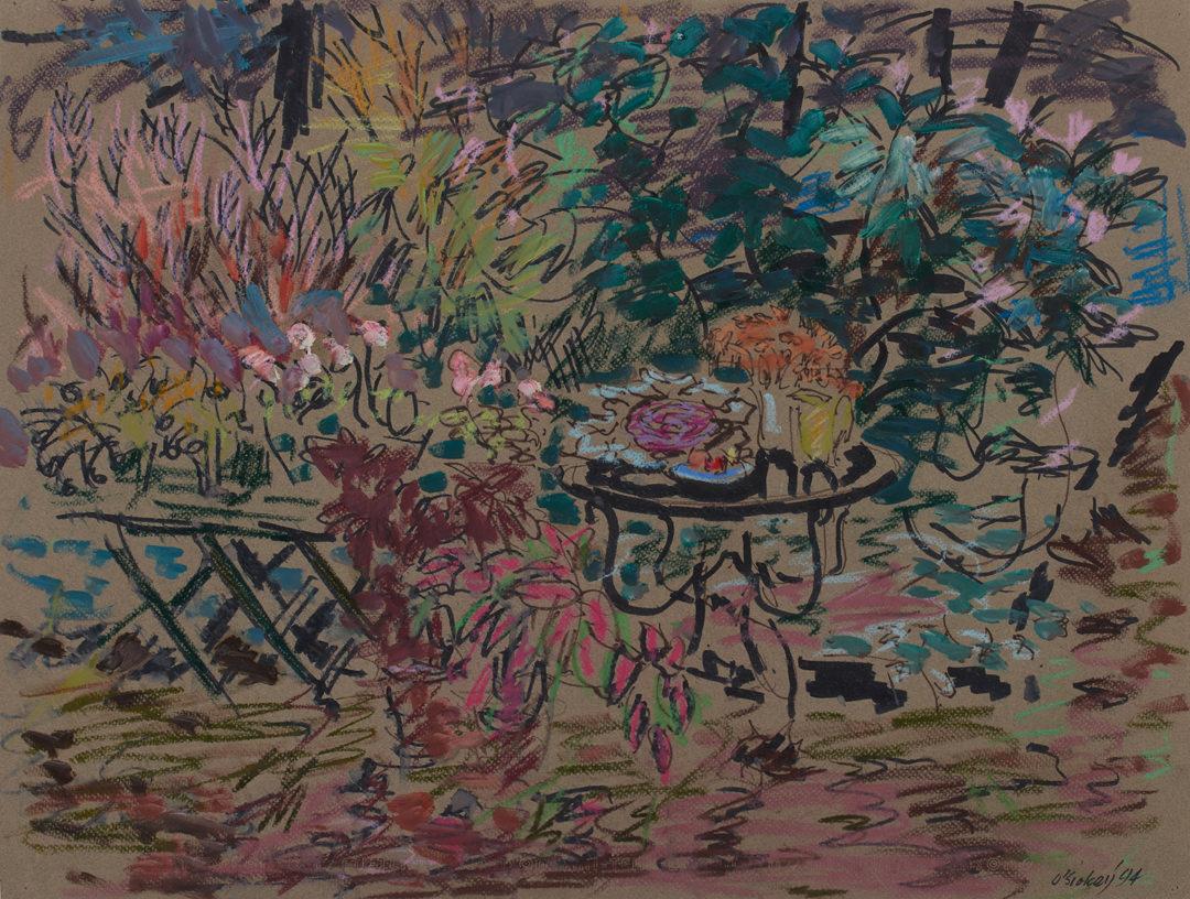 Joseph O'Sickey Still-Life Painting – Stillleben ohne Titel des 20. Jahrhunderts mit Tisch und Blumen von Künstler der Cleveland School 