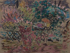 Bodegón sin título del siglo XX con mesa y flores del artista de la Escuela de Cleveland 