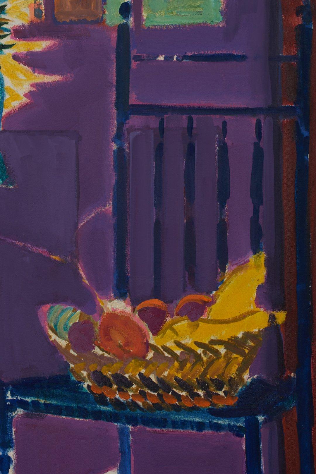 Vases avec tournesols, nature morte intérieure colorée avec chaise - Painting de Joseph O'Sickey