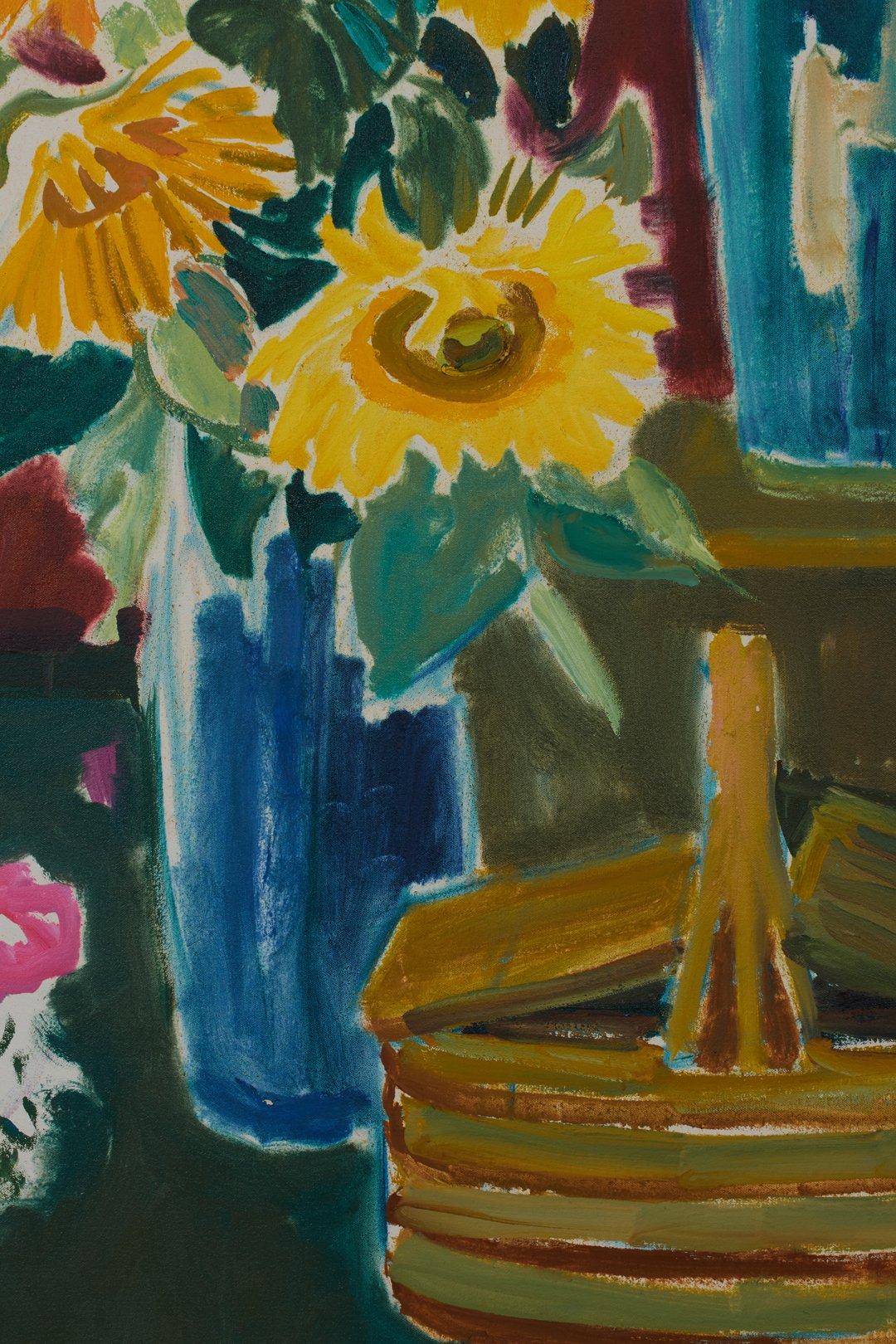 Vases avec tournesols, nature morte intérieure colorée avec chaise - Post-impressionnisme Painting par Joseph O'Sickey