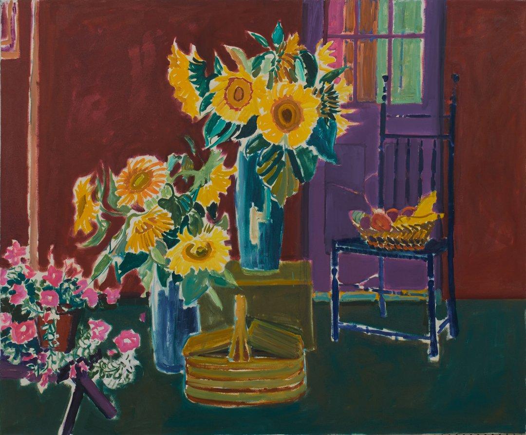 Interior Painting Joseph O'Sickey - Vases avec tournesols, nature morte intérieure colorée avec chaise