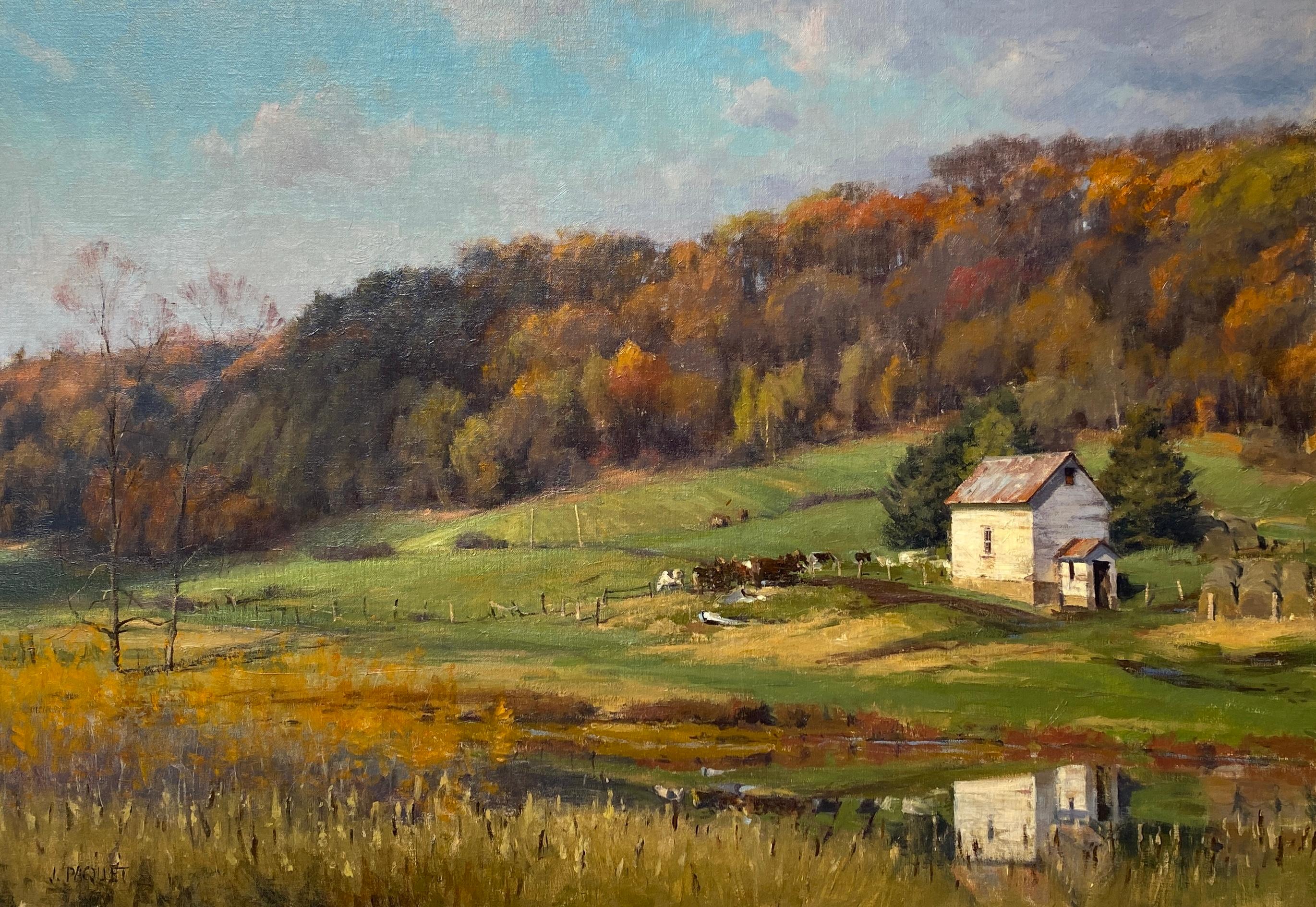 Joseph Paquet Animal Painting – „Herbstsonne, Menomonie WI“, amerikanisches realistisches Ölgemälde einer Farm im Mittleren Westen, 2015