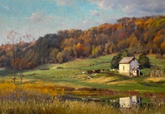 "Sol de otoño, Menomonie WI" 2015 Pintura al óleo realista estadounidense de una granja del Medio Oeste