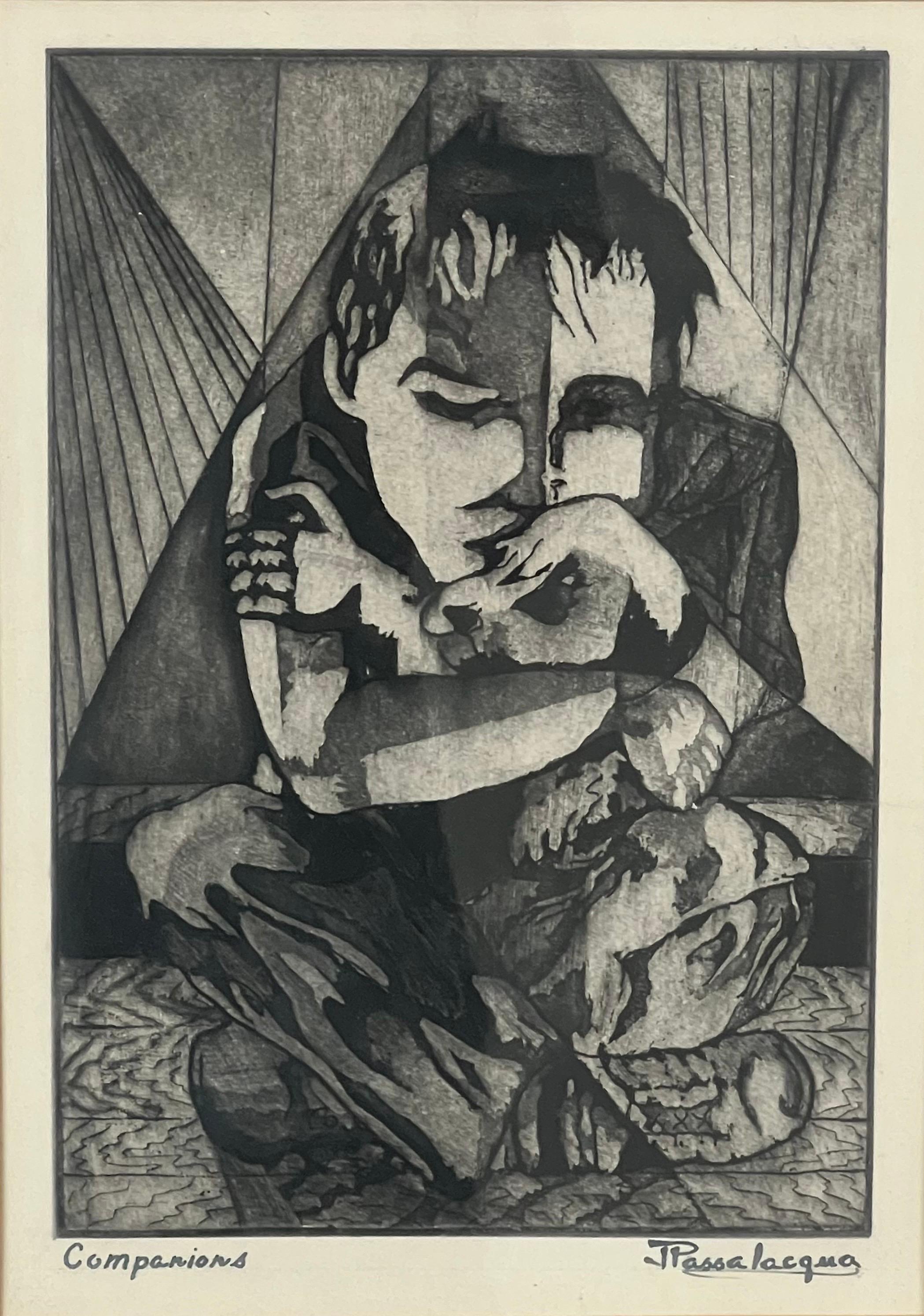 Figurative Abstract Etching on Paper Titled Companions by Jospeh Passalacqua - Cubist Print by Joseph Passalacqua